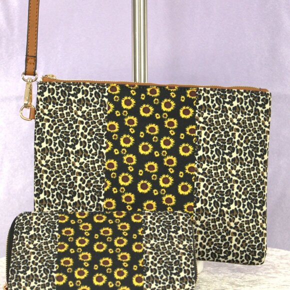 Sunflower and leopard patchwork wristlet and wallet set - Picture 1 of 8